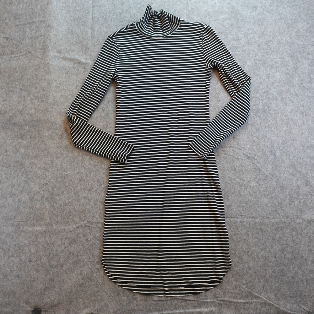 Sanctuary Dress Women Small Black Striped Mock Neck Ribbed Knit Long Sleeve Mini - Picture 1 of 8